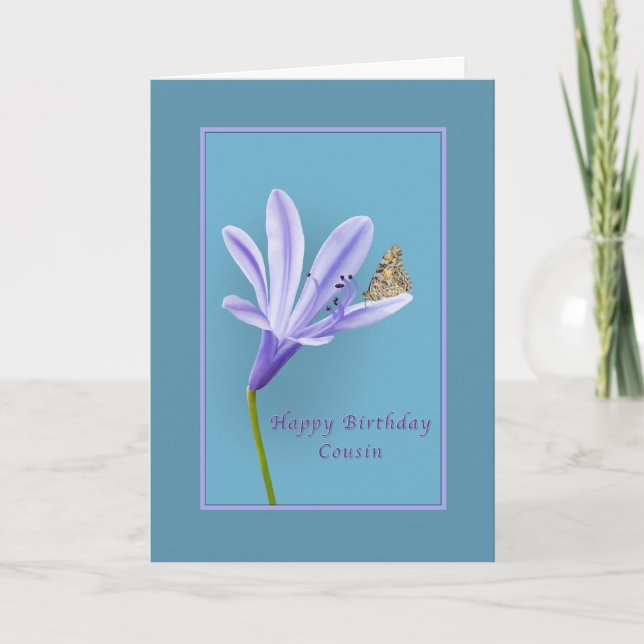 Carte Anniversaire, Cousin, Fleur diurne et Papillon (Devant)