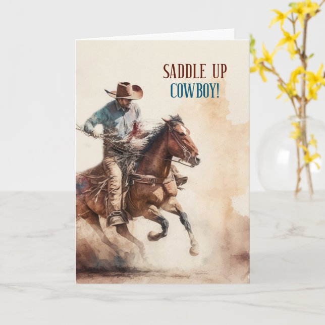 Carte Anniversaire Cowboy Thème Western à Cheval (Fleur jaune)