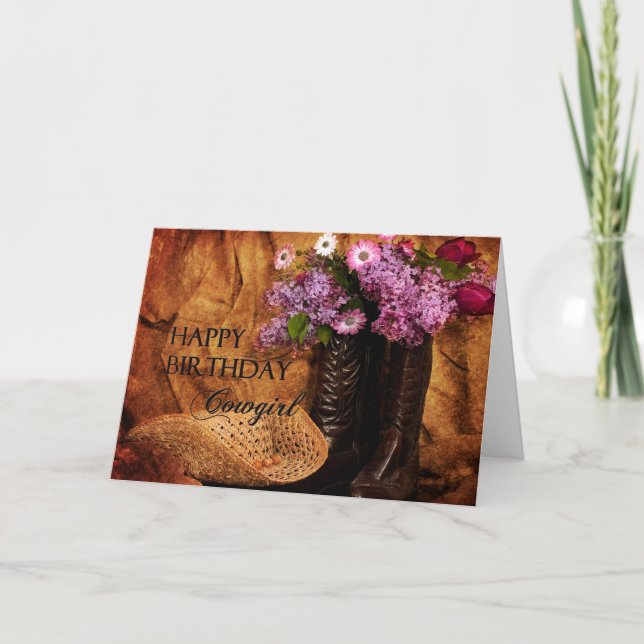 Carte Anniversaire - Cowgirl - Bottes et fleurs (Devant)
