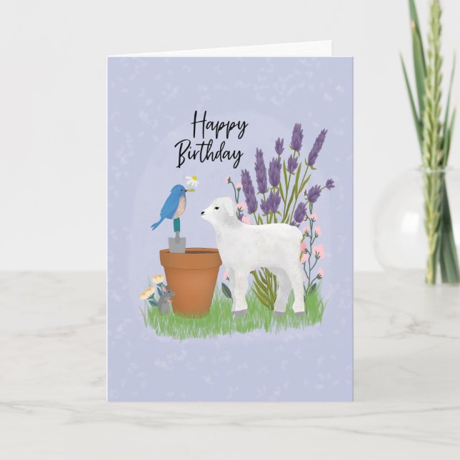Carte Anniversaire dans le jardin avec des moutons et un (Devant)