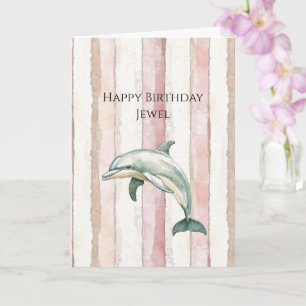 Carte Anniversaire Dauphin Rayures Crème Ivoire Rose