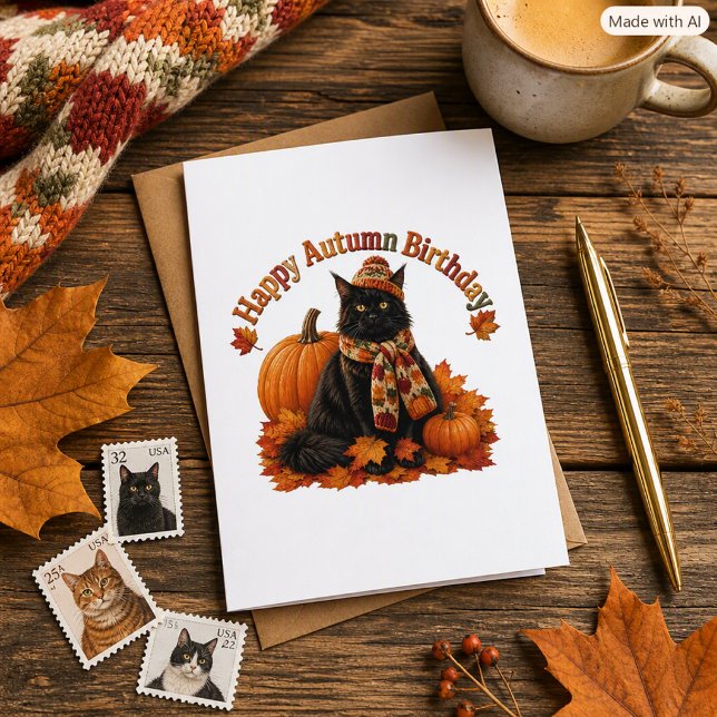 Carte Anniversaire d'automne Chat noir  cosy (Créateur téléchargé)