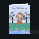 Carte Anniversaire de Beaver pour Son<br><div class="desc">Carte d'anniversaire pour votre fils, lorsque vous êtes loin de chez vous, ou que vous vivez réellement dans une autre ville. Le dessin est un castor mignon tenant son fils, assis sur un tronc d'arbre. la carte a aussi des arbres, des fleurs et un étang, tout illustré, ou dessiné à...</div>