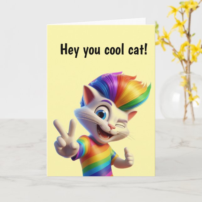 Carte Anniversaire de chat arc-en-ciel cool (Fleur jaune)