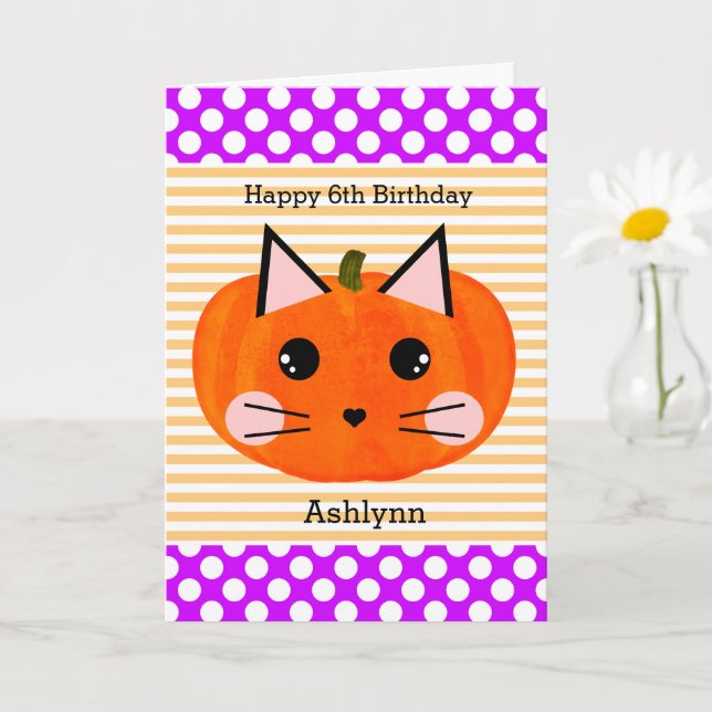 Carte Anniversaire de Chat Citrouille orange violet (Petite plante)