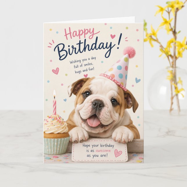 CARTE ANNIVERSAIRE DE CHIEN BOULEDOGUE ANGLAIS MIGNON (Fleur jaune)