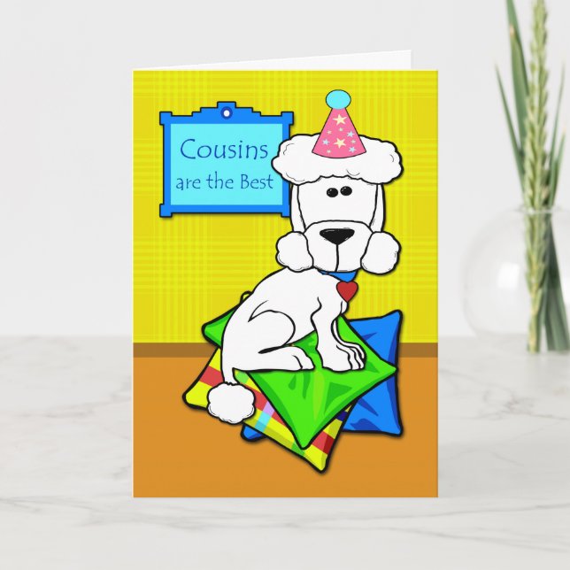 Carte Anniversaire de Cousin, caniche blanche sur Coussi (Devant)