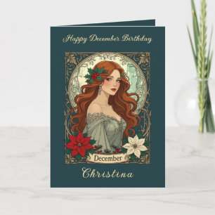 Carte Anniversaire de décembre avec houx et poinsettia