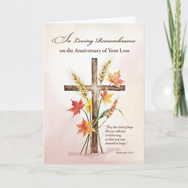 Carte Anniversaire de deuil Croix religieuse Blé Automne (Devant)