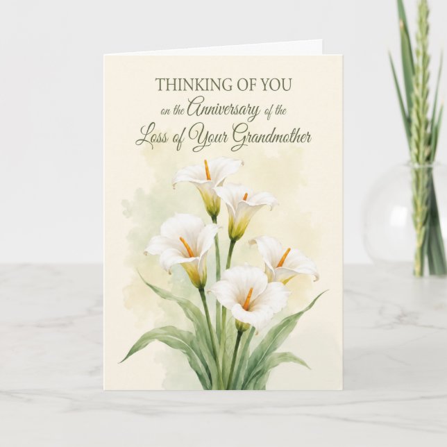 Carte Anniversaire de deuil Grand-mère Lys calla blancs (Devant)