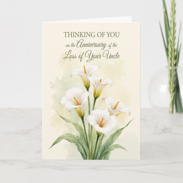 Carte Anniversaire de deuil Oncle Lys calla blancs (Devant)