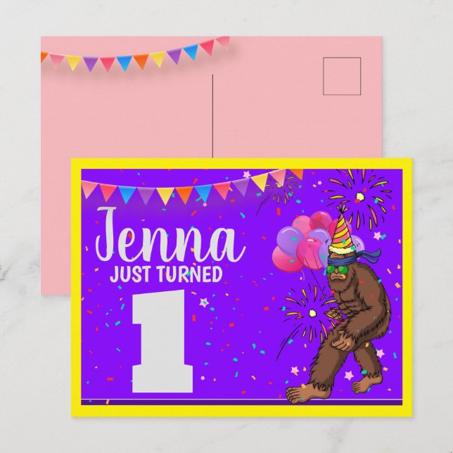 Carte anniversaire de enfant Bigfoot mignonne pers (Devant / Derrière)