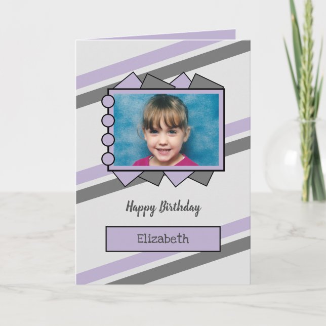 Carte anniversaire de enfant de nom et de photo gris et  (Devant)