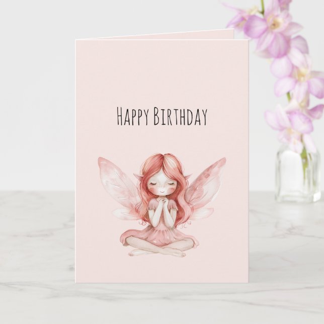 Carte Anniversaire de Fée aux Cheveux Rouges Rose Blush  (Orchidée)