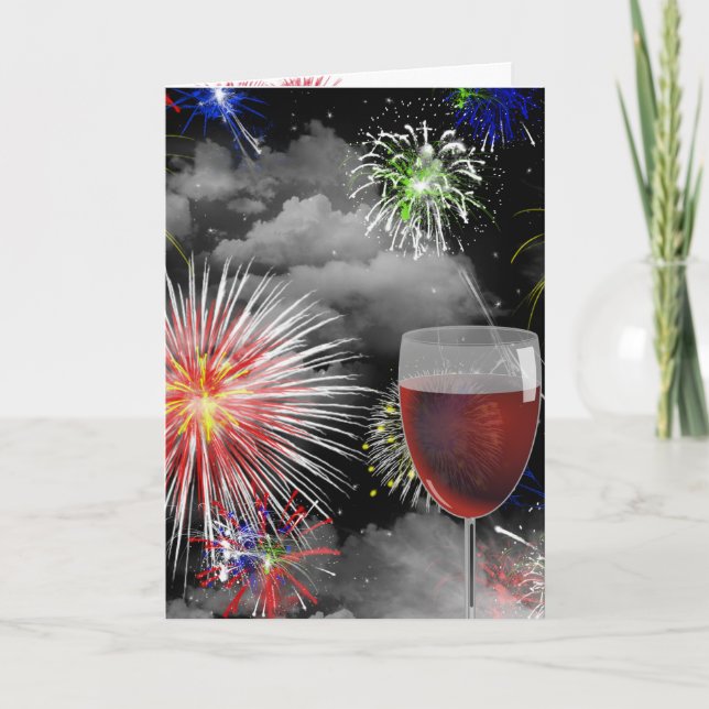 Carte anniversaire de feux d'artifice et de verre de vin (Devant)