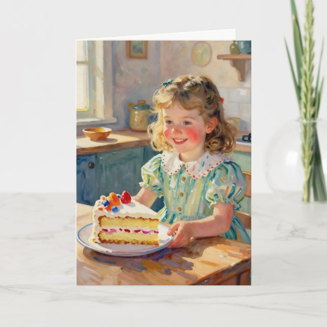 Carte Anniversaire de fille | Fleurs et gâteau (Devant)