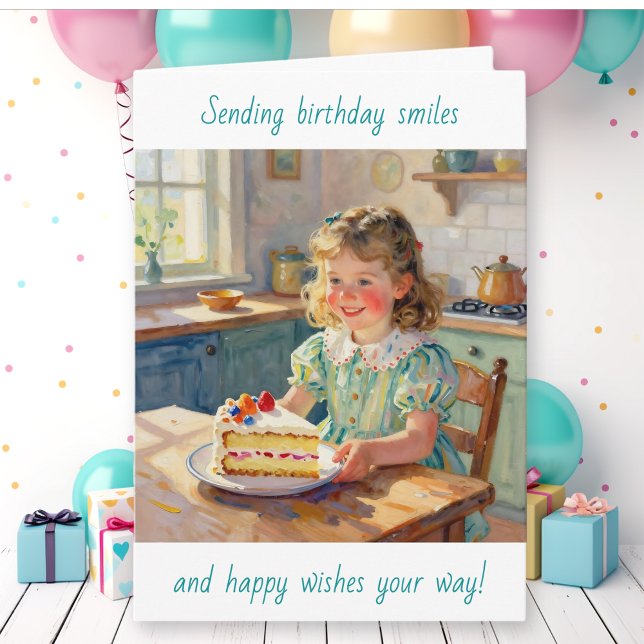 Carte Anniversaire de fille | Fleurs et gâteau (Créateur téléchargé)