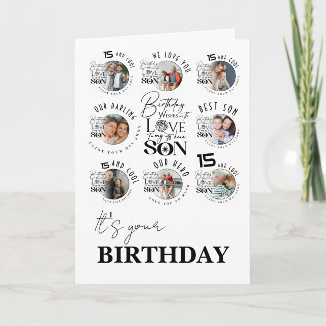 Carte Anniversaire de Fils 8 Collage de Photos Typograph (Devant)