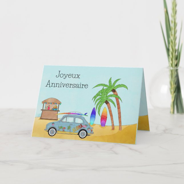 Carte Anniversaire de France Hawaii Surf Fiat 500 (Devant)