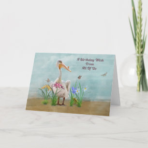 Carte Anniversaire, De Groupe, Pélican, Fleurs