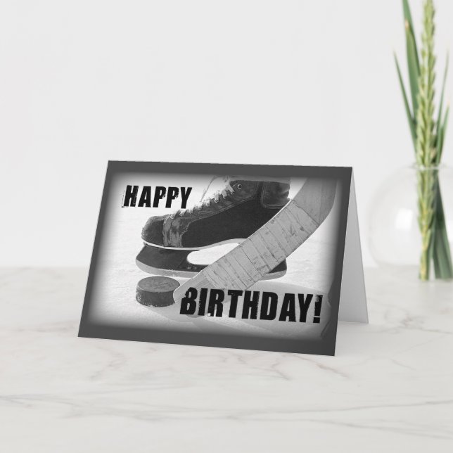 Carte Anniversaire de hockey sur glace, bâton et canot (Devant)