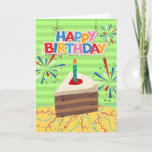 Carte Anniversaire de Hubby Husband Piece of Cake<br><div class="desc">Joyeux anniversaire Hubby Husband carte de voeux papier avec une illustration colorée d'un morceau de gâteau au chocolat en couches. Design lumineux avec panneau Joyeux Anniversaire,  confettis,  serpentins et feux d'artifice. Des puns de gâteau amusants à l'intérieur. Copyright © Shoaff Ballanger Studios,  2022.</div>