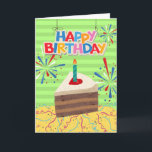 Carte Anniversaire de Hubby Husband Piece of Cake<br><div class="desc">Joyeux anniversaire Hubby Husband carte de voeux papier avec une illustration colorée d'un morceau de gâteau au chocolat en couches. Design lumineux avec panneau Joyeux Anniversaire,  confettis,  serpentins et feux d'artifice. Des puns de gâteau amusants à l'intérieur. Copyright © Shoaff Ballanger Studios,  2022.</div>