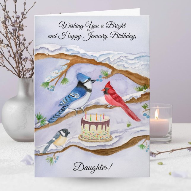 Carte Anniversaire de janvier avec fille et oiseaux de j (Créateur téléchargé)