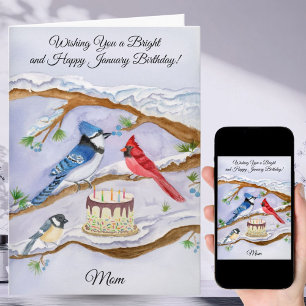 Carte Anniversaire de janvier avec oiseaux de jardin et
