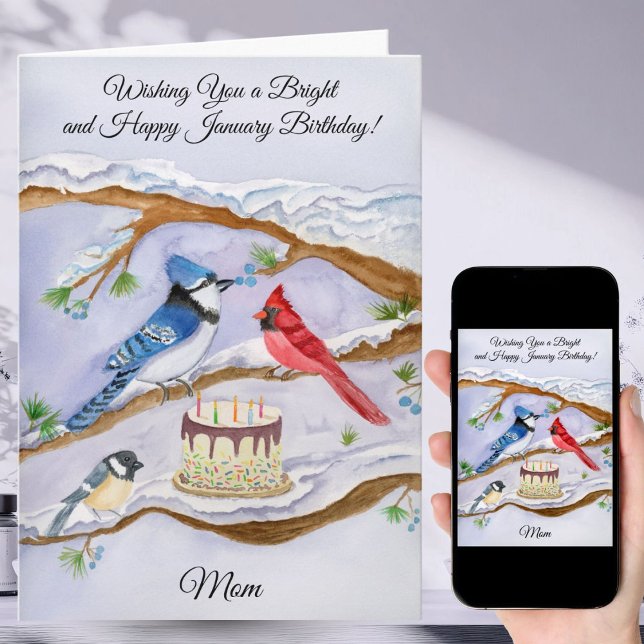 Carte Anniversaire de janvier avec oiseaux de jardin et  (Créateur téléchargé)