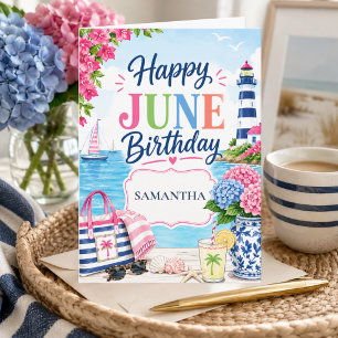 Carte Anniversaire de juin côtier estival coloré nom per