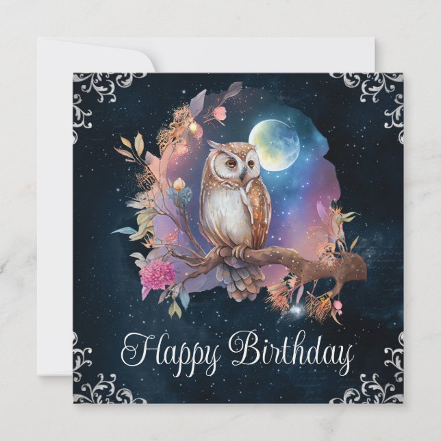 Carte Anniversaire de la chouette de fantaisie céleste à (Devant)
