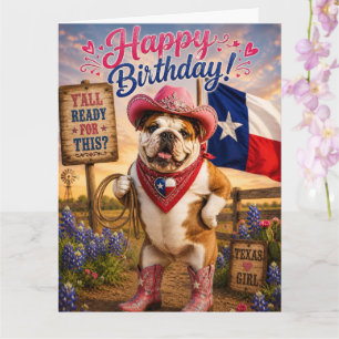 CARTE ANNIVERSAIRE DE LA COWGIRL TEXANE BOULEDOGUE ANGLA