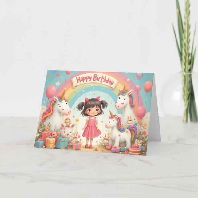 Carte Anniversaire de la fille avec licornes et arc-en-c (Devant)