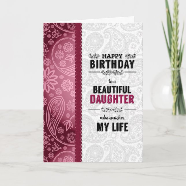 Carte Anniversaire de la fille Coeurs roses et Paisley (Devant)