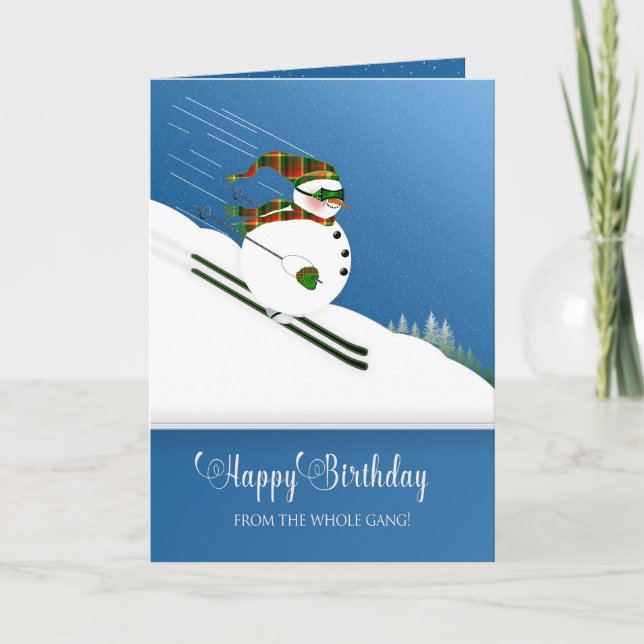 Carte Anniversaire, de la Gang, Happy Snowman Skiing (Devant)