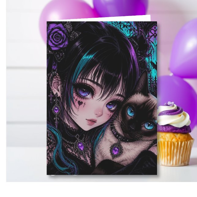 Carte Anniversaire de la nièce | Fille d'anime et chat (Créateur téléchargé)