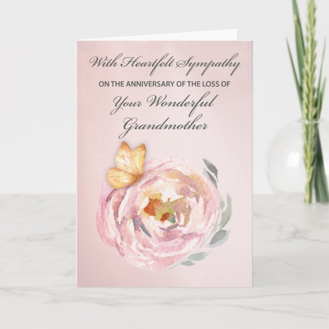 Carte Anniversaire de la perte de grand-mère Rose papill (Devant)