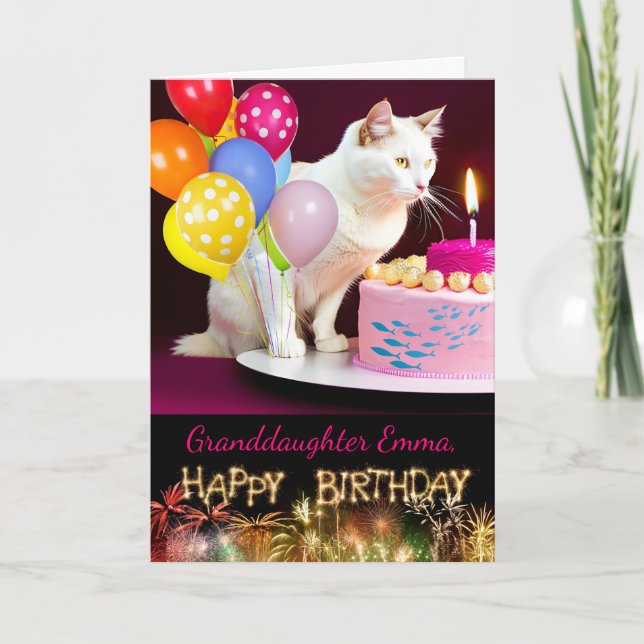 Carte Anniversaire de la petite-fille avec chat blanc et (Devant)