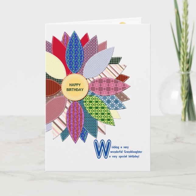 Carte Anniversaire de la petite-fille, fleur cousue (Devant)