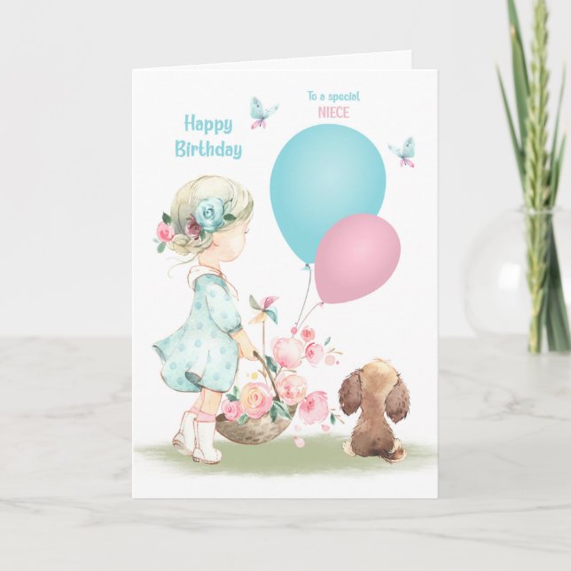 Carte Anniversaire de la petite fille nièce avec chiot (Devant)