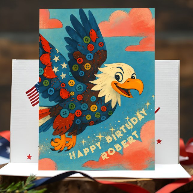 Carte Anniversaire de l'aigle patriotique Whimsical Prim (Joyful bald eagle birthday card with patriotic patchwork, personalized name, and heartfelt message.)
