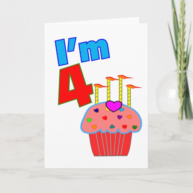 Carte Anniversaire de l'école "I'm 4" Cupcake adorable (Devant)