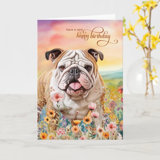 Carte Anniversaire de l'English Bulldog dans un champ de (Fleur jaune)