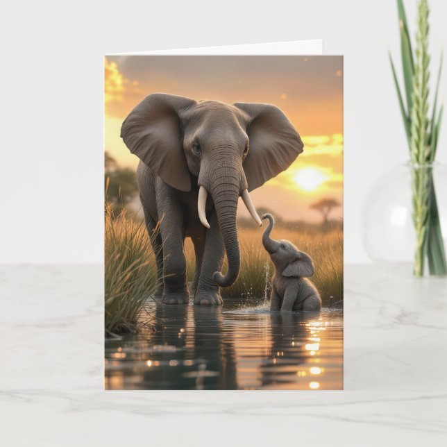 Carte Anniversaire de Maman Éléphant avec Bébé (Devant)