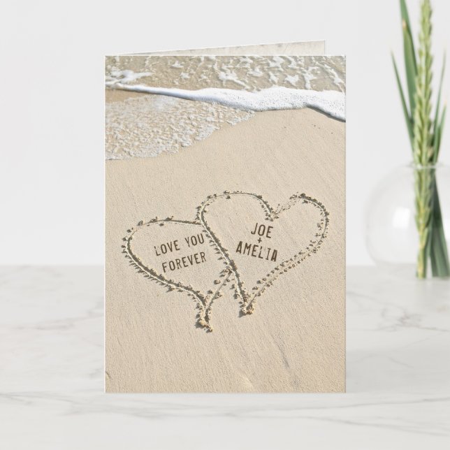 Carte anniversaire de mariage coeurs de plage dans le sa (Devant)