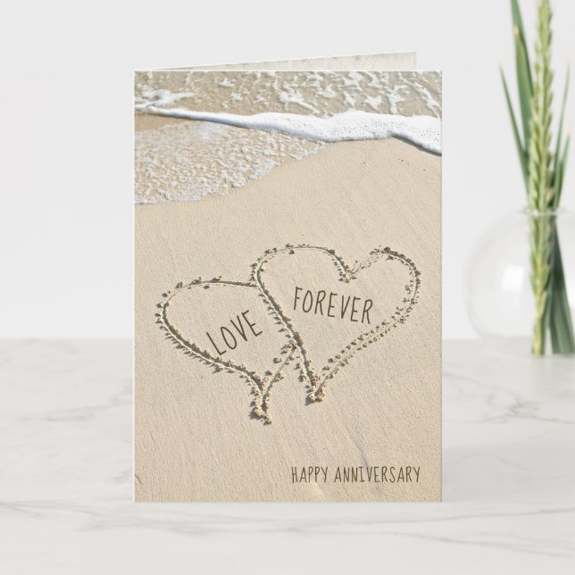 Carte anniversaire de mariage coeurs de plage dans le sa (Devant)