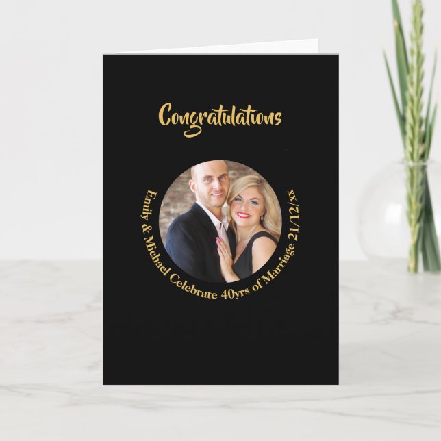 Carte ANNIVERSAIRE de mariage PHOTO en marbre noir or (Devant)