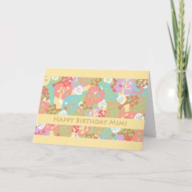 Carte Anniversaire de Mimi, Feuilles colorés sur Jaune (Devant)