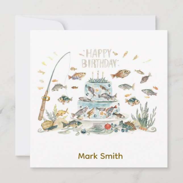 Carte Anniversaire de pêche avec gâteau sur le thème de  (Devant)